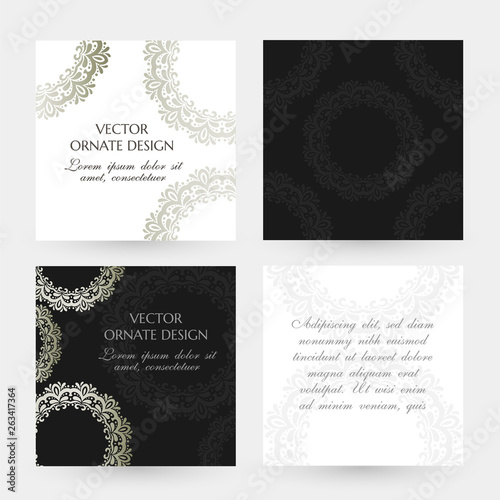 Silver classical motif. Square cards collection. Banners with decoration elements on the black and white background.