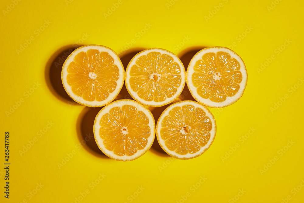 Lemon on yellow background. Flat lay, top view, copy space . Food concept. Lemon on yellow background. Flat lay, top view, copy space . Food concept.