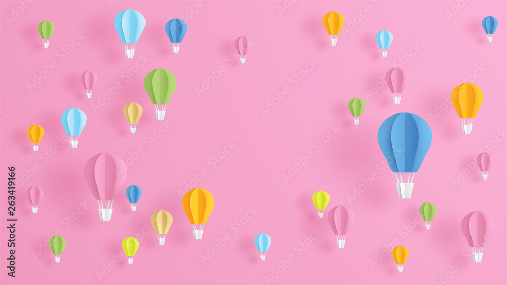 Illustration of hot air balloons on pink background in paper art design. paper cut and craft style. vector, illustration.