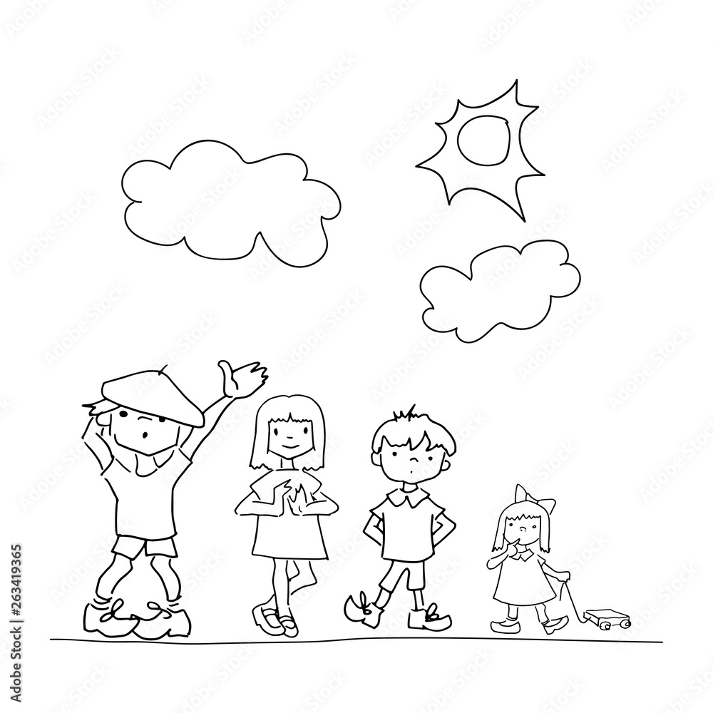 Doodle children. Hand drawn simple childrens coloring page, children's drawing a friends,clouds and sun. Doodle style illustration, isolated on white background.