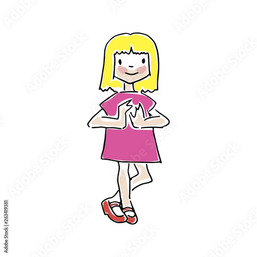 Girl. Hand drawn little girl in pink dress with blond hair  bright doodle style illustration  isolated on white background.