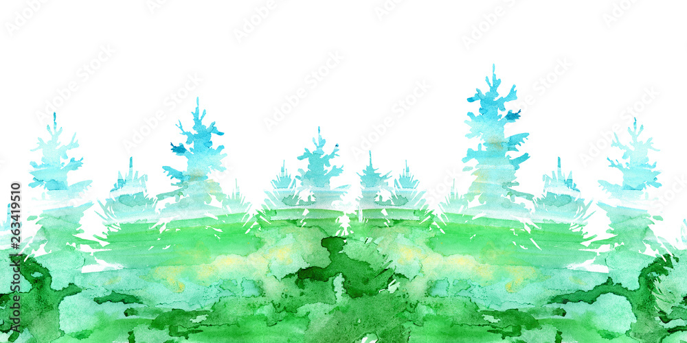 Seamless border of a spruce.Coniferous forest.Silhouette of fir trees.Watercolor hand drawn illustration.White background.