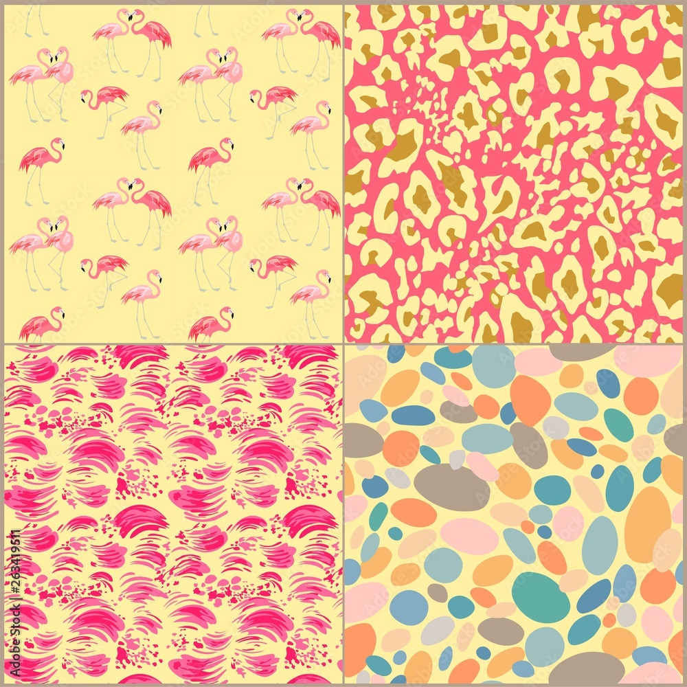 Fashion seamless backgrounds  with pink flamingo, animal golden print, pebbles and rose strokes  for fabric, textile, wrapping paper, wallpaper, web design