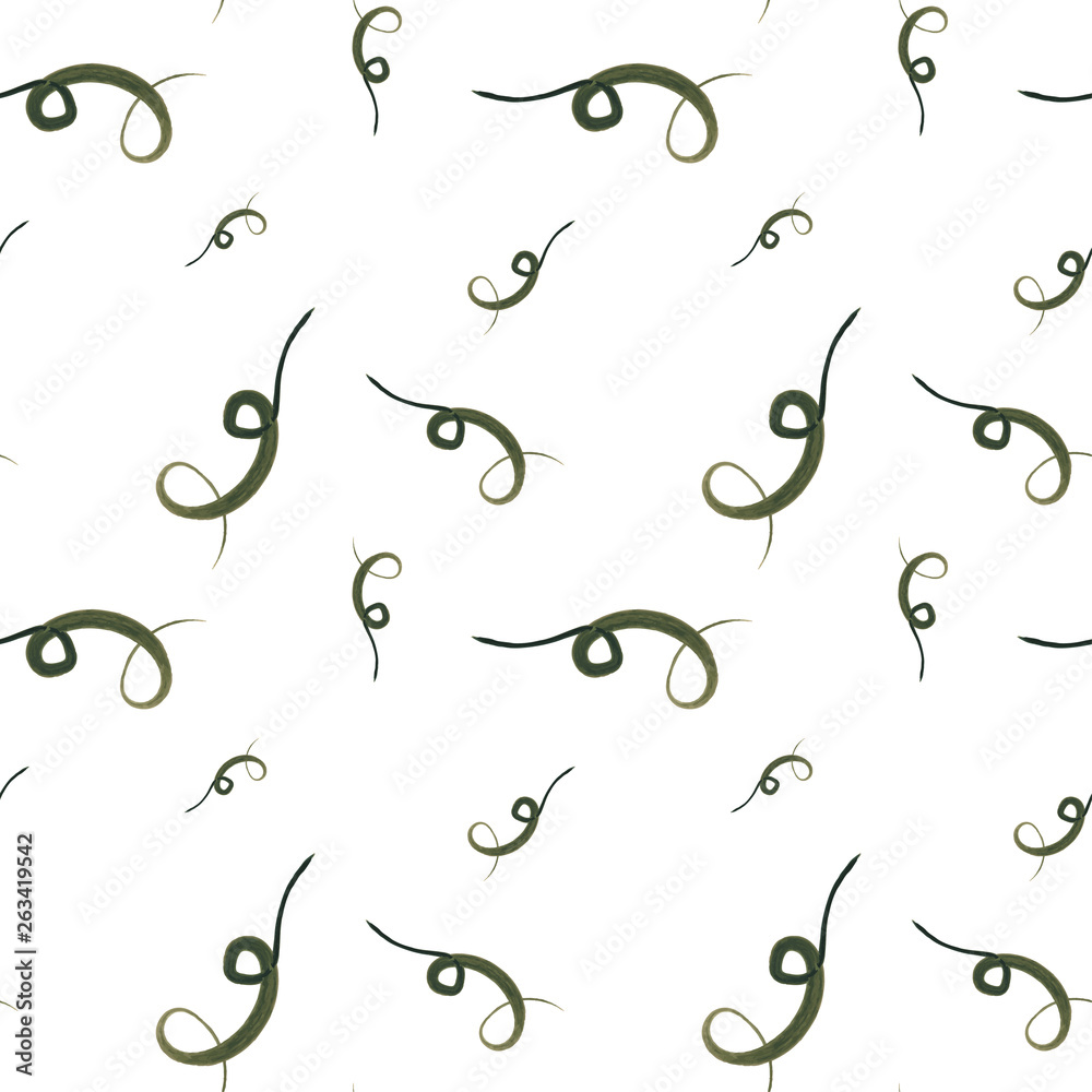 Abstract seamless pattern. Hand drawn watercolor green lines, brush strokes, wavy lines, scribbles, swirls on white background. Wallpaper pattern.