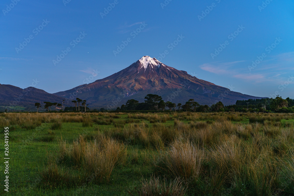 blue hour at cone volcano mount taranaki, new zealand 7
