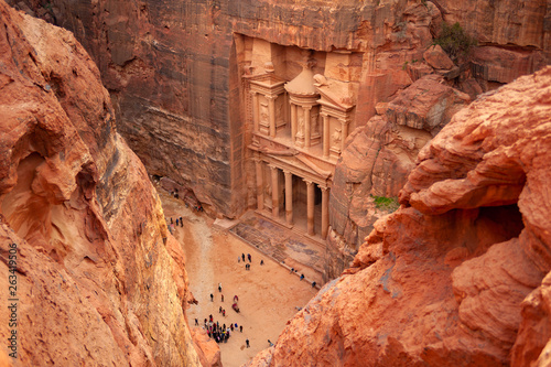 Petra, Jordan. Al Khazneh - the treasury, ancient city of Petra, Jordan. Nabatean rock-cut temple of Hellenistic period of ancient Petra, originally known to Nabataeans as Raqmu - historical city photo