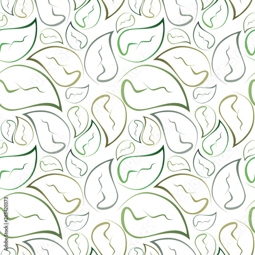 Green leaves background. Seamless doodle pattern. Hand-drawn green leaves on the white background. Wallpaper pattern.