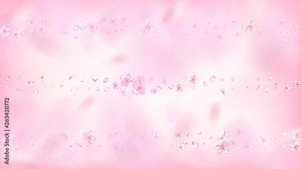 Nice Sakura Blossom Isolated Vector. Realistic Showering 3d Petals Wedding Frame. Japanese Blurred Flowers Wallpaper. Valentine, Mother's Day Beautiful Nice Sakura Blossom Isolated on Rose