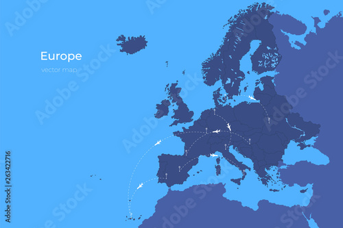 Detailed vector map of the Europe. Vector illustration. Airplanes flying over europe map