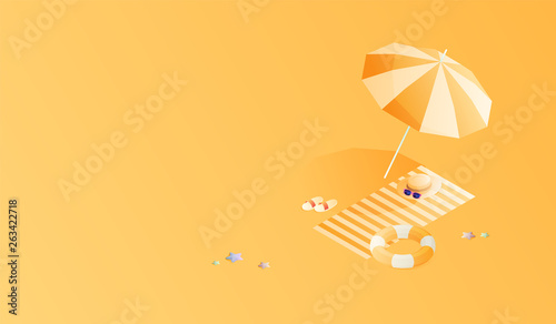 Summer. Vacation and travel concept. Umbrella, beach chair and a ball on the beach. Flat style vector illustration