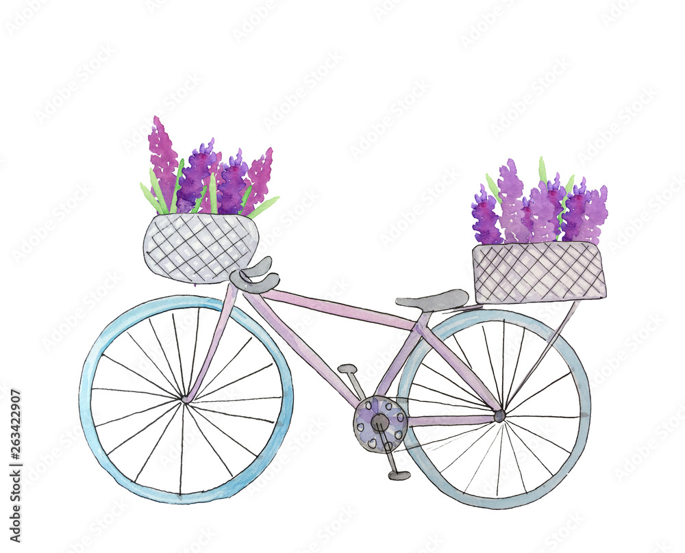 bike with flowers in the basket. watercolor illustration for design and decoration of cards, posters and invitations