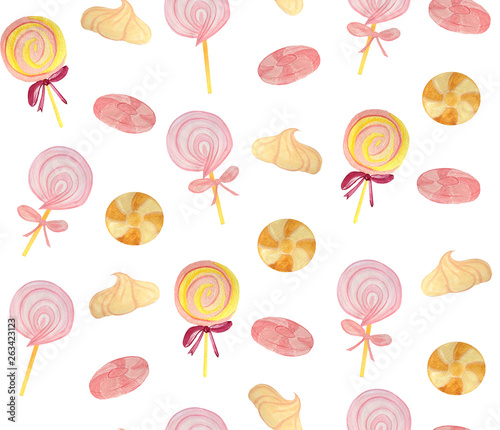 pattern with marshmallows  meringues and caramels on a white background  watercolor illustration for design of textiles  posters  packaging