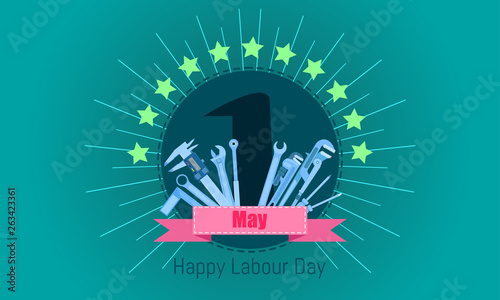 happy labour day 1 may. engineering design concept with screwdriver wrench ruler vernier caliper cheater bar.vector illustration eps10