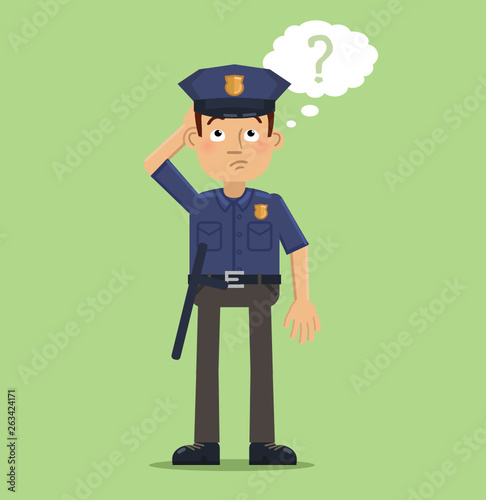 Illustration of a thinking policeman. Confused police officer making decision and looking at the question mark. Flat style vector illustration