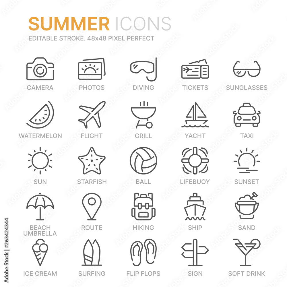 Collection of summer line icons. 48x48 Pixel Perfect. Editable stroke