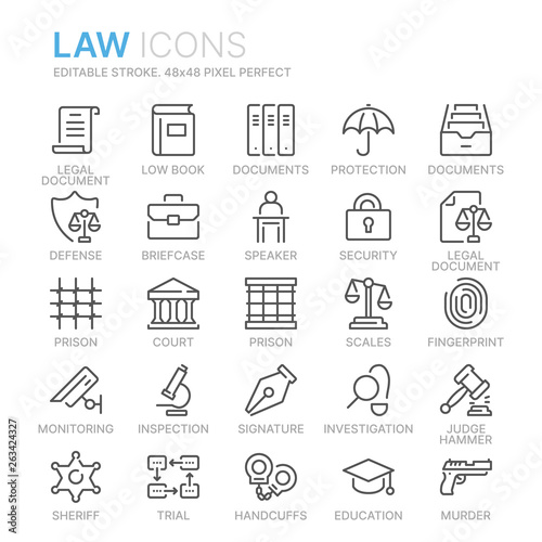 Collection of law and justice line icons. 48x48 Pixel Perfect. Editable stroke