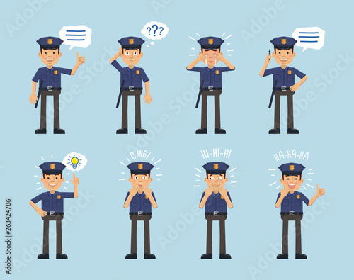 Set of policeman characters posing in different situations. Cheerful police officer thinking, crying, talking on phone, pointing up, surprised, laughing, shocked. Flat style vector illustration