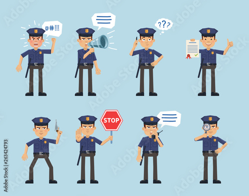Set of policeman characters posing in different situations. Cheerful policeman talking on cellphone, holding loudspeaker, gun, stop sign, document, magnifier, angry. Flat style vector illustration