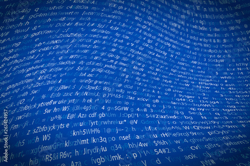 Abstract complicated crypto symbols twisted on blue, data encryption binary code concept