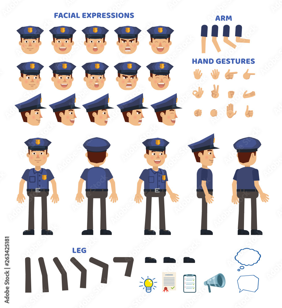 Policeman character creation set. Various gestures, emotions, diverse poses, views. Create your own pose, animation. Flat style vector illustration
