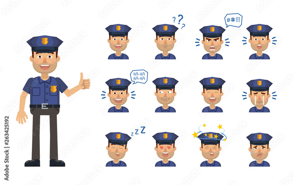Set of policeman emoticons. Police officer avatars showing different facial expressions. Happy, sad, smile, laugh, cry, tired, surprised, in love and other emotions. Flat style vector illustration