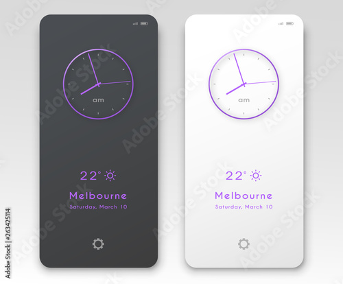 Mobile application interface design. Clock screensaver dark and light options. Vector illustration.