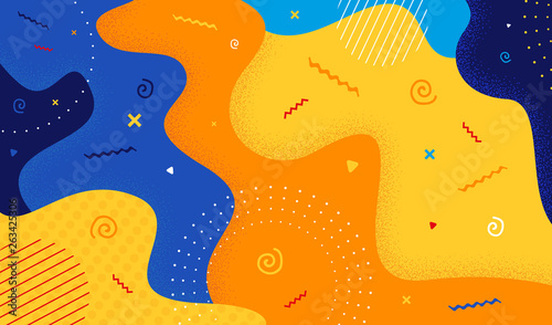 Abstract pattern in memphis 80s-90s style. Cartoon color splash background with geometric shapes. Vector illustration colorful spotty pattern.