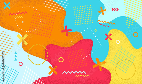 Creative cartoon color splash background with geometric shapes. Abstract pattern in memphis 80s-90s style. Vector illustration colorful spotty pattern with lines and dots.