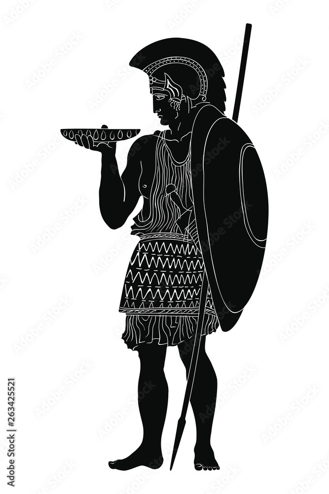 An ancient Greek warrior with a spear and a shield is standing and ...