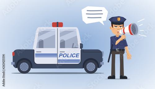 Illustration of a confident policeman talking through loudspeaker and standing in front of police car. Detective, police officer, inspector, roadblock. Flat style vector illustration