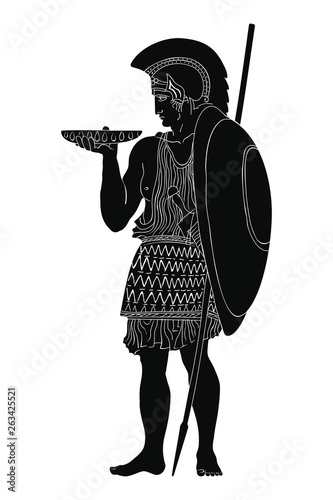 An ancient Greek warrior with a spear and a shield is standing and holding a bowl in his hands. Vector illustration isolated on white background.