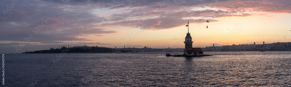Panaromic Maiden's Tower Sunset in Istanbul, Turkey