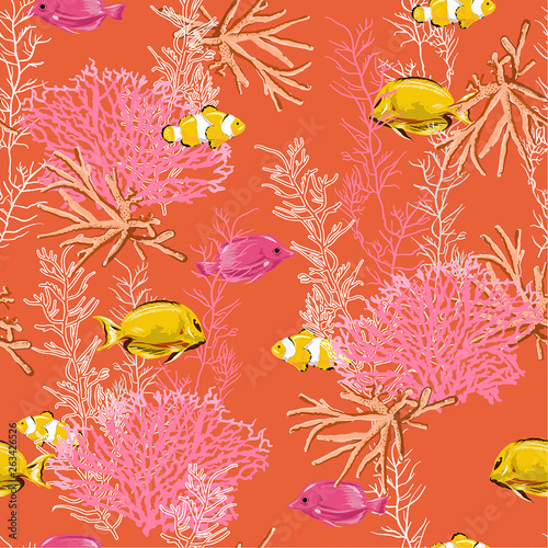 Beautiful Hand drawn nautical sea treasure animal and coral seamless pattern prints vector design for fashion,fabric,web wallpaper and all prints