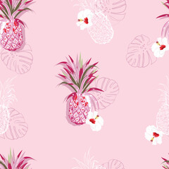 Keuken achterwand Ananas patronen Zomers ananas en hibiscus lijnpatroon  © MSNTY_STUDIOX