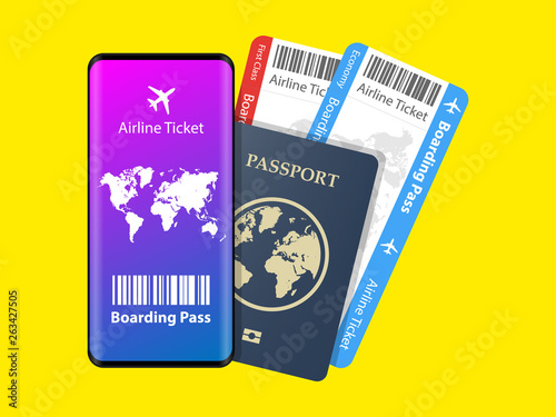 Concept for buying tickets online Airline tickets and passport. Vector illustration