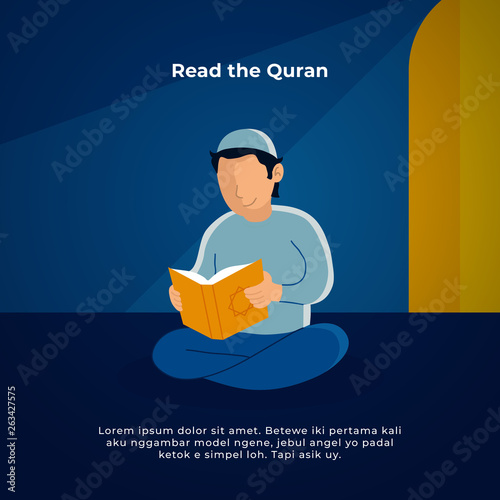Muslim man reading the holy quran in the mosque. ramadan activity vector illustration design.