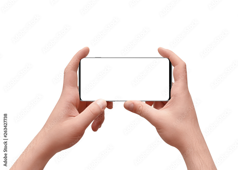 Hands holding modern phone in horizontal position, isolated on white background. Mockup Hands holding modern phone in horizontal position, isolated on white background. Mockup