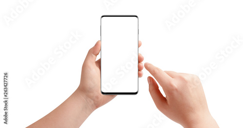 Hands holding modern phone, isolated on white background. Mockup