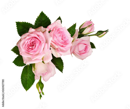 Pink rose flowers with green leaves in a corner arrangement