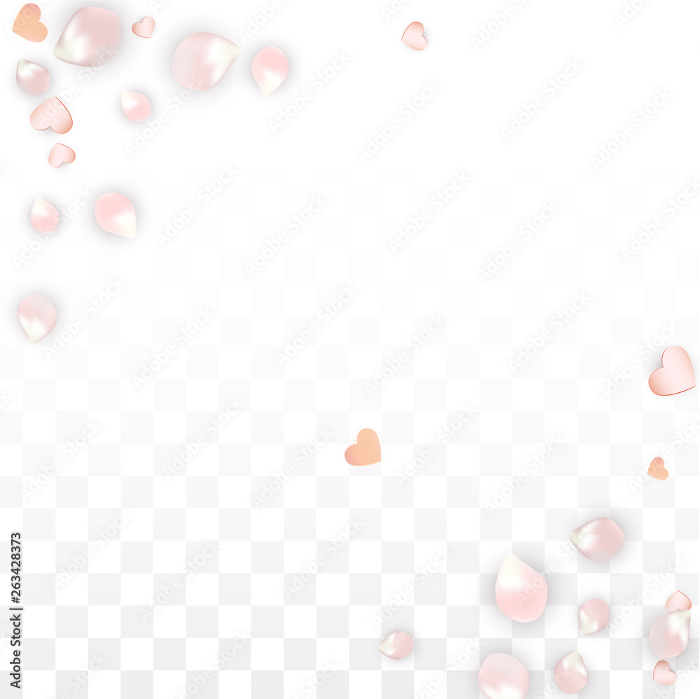 Vector Realistic Petals and Hearts Confetti. Flying Sakura and Hearts on Transparent Background. Wedding Invitation Background. Spring Romance Poster. Vector Illustration for Anniversary Design.