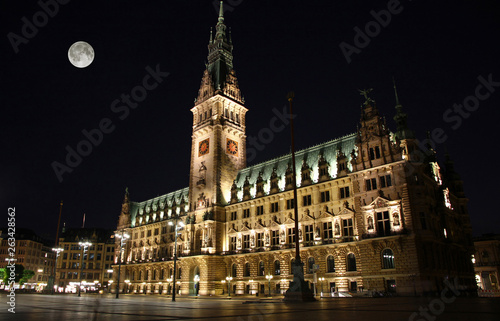 Building of Hamburg City Hall (Hamburger Rathaus) at night, Germany. The Rathaus is located in the Altstadt quarter in the city center, at the Rathausmarkt square