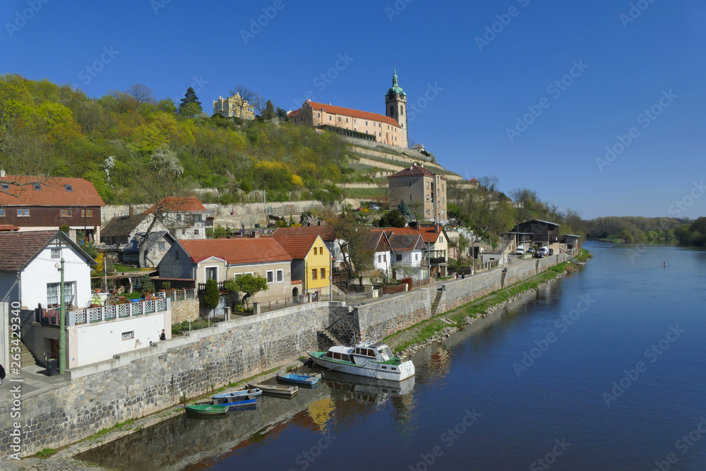 Aerial view of historic town Melnik and Labe River with boats, Czech Republic