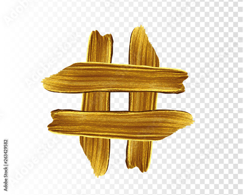 Hashtag icon vector. Digital marketing concept. Vector gold paint smear stroke stain. Abstract gold glittering textured art illustration. 