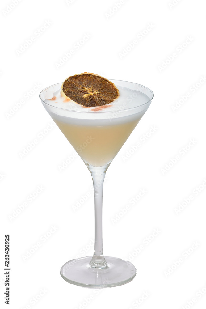 pisco sour cocktail based on schnapps, egg withe and lemon on isolated background pisco sour cocktail based on schnapps, egg withe and lemon on isolated background