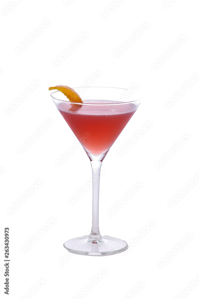 cosmopolitan cocktail on isolated background with lemon rind