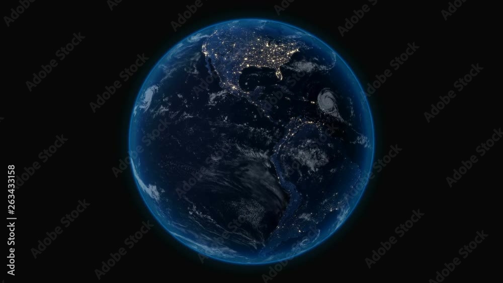 Planet Earth at night, overall view from space on solid black background, 360 degree rotating planet, seamless loop high detailed animation in 4K Planet Earth at night, overall view from space on solid black background, 360 degree rotating planet, seamless loop high detailed animation in 4K