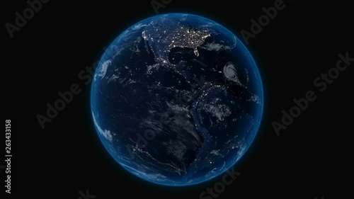 Wallpaper Mural Planet Earth at night, overall view from space on solid black background, 360 degree rotating planet, seamless loop high detailed animation in 4K Torontodigital.ca