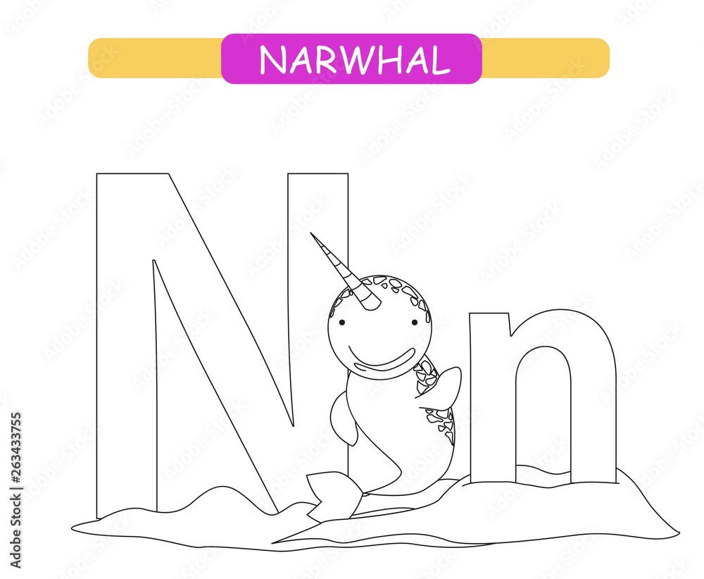 Letter N and funny cartoon narwhal. Coloring page. Animals alphabet az
