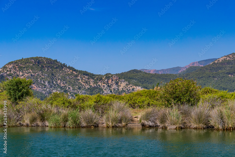 Dalyan River with tourist boats in the straits of the river Dalyan River with tourist boats in the straits of the river