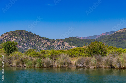 Dalyan River with tourist boats in the straits of the river 